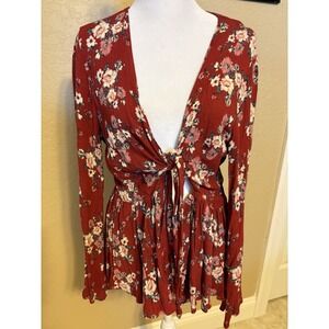 American Eagle Women's Red Floral Tie Front Long Sleeve Top, XL Boho